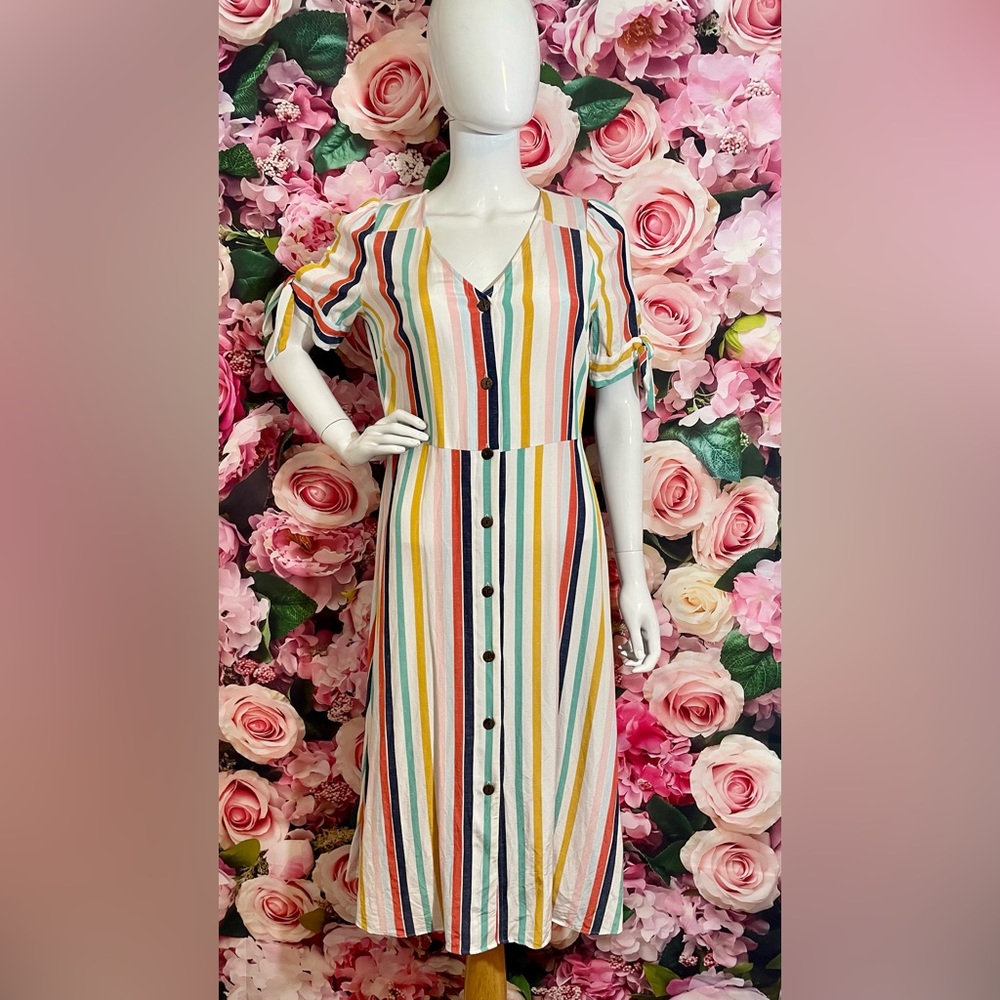 A.N.A. Size Small S Dress Colorful Stripes Button Front Tie Sleeves Retro